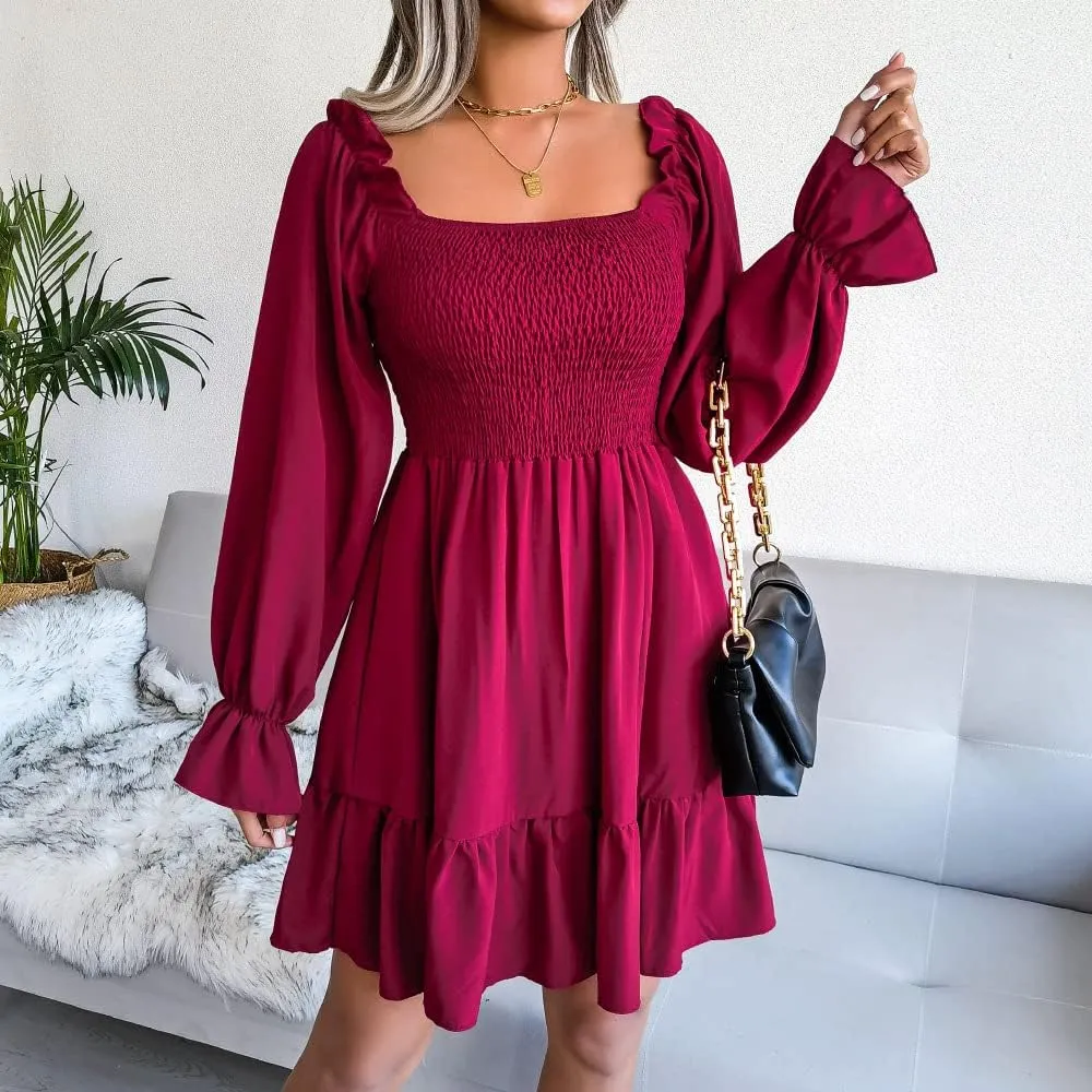WOWARKI Women's Square Neck Smocked Dress Long Bell Sleeve Shirred Hem Mini Dress Ruffle Tiered Flowy Swing Babydoll Dress