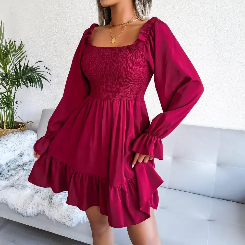 WOWARKI Women's Square Neck Smocked Dress Long Bell Sleeve Shirred Hem Mini Dress Ruffle Tiered Flowy Swing Babydoll Dress