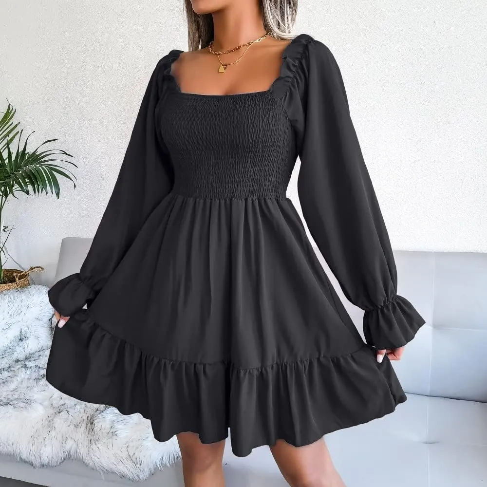 WOWARKI Women's Square Neck Smocked Dress Long Bell Sleeve Shirred Hem Mini Dress Ruffle Tiered Flowy Swing Babydoll Dress