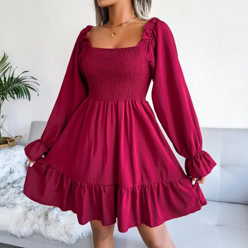 WOWARKI Women's Square Neck Smocked Dress Long Bell Sleeve Shirred Hem Mini Dress Ruffle Tiered Flowy Swing Babydoll Dress