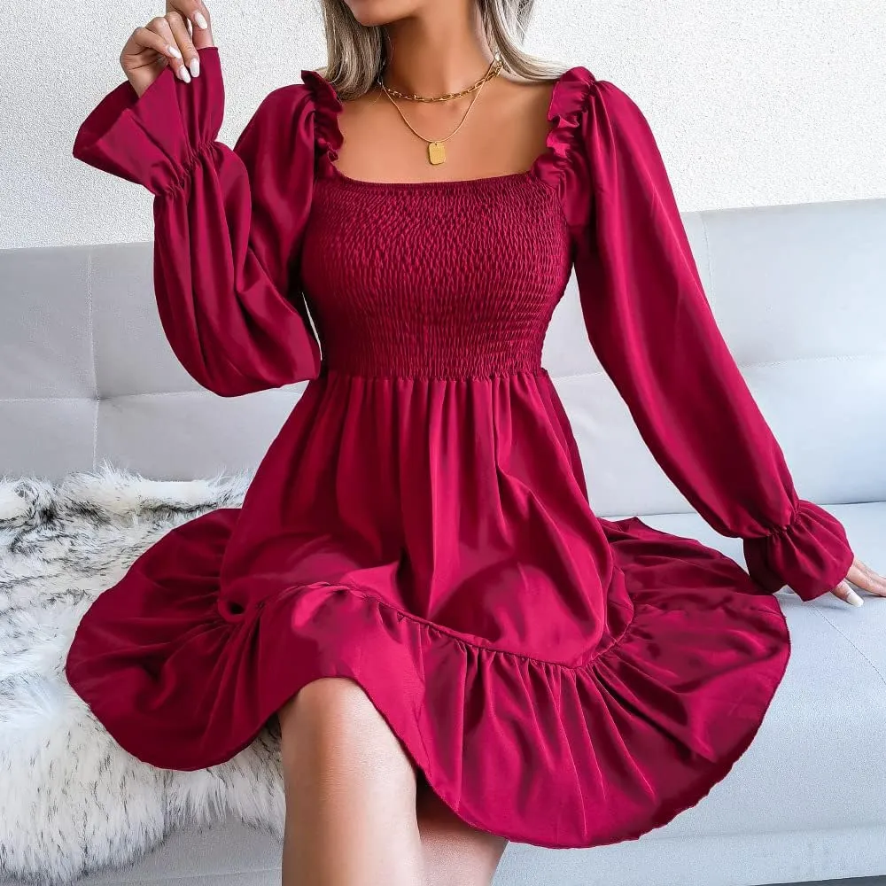 WOWARKI Women's Square Neck Smocked Dress Long Bell Sleeve Shirred Hem Mini Dress Ruffle Tiered Flowy Swing Babydoll Dress