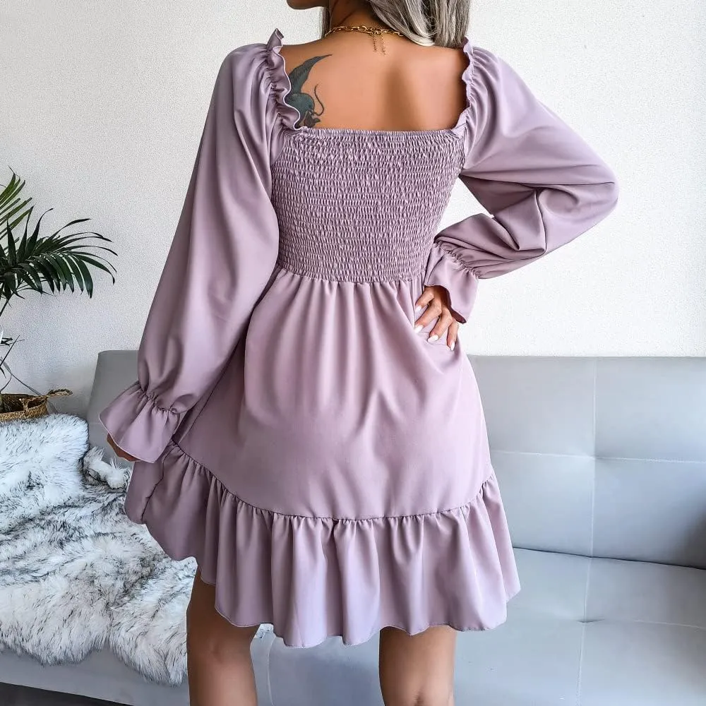 WOWARKI Women's Square Neck Smocked Dress Long Bell Sleeve Shirred Hem Mini Dress Ruffle Tiered Flowy Swing Babydoll Dress