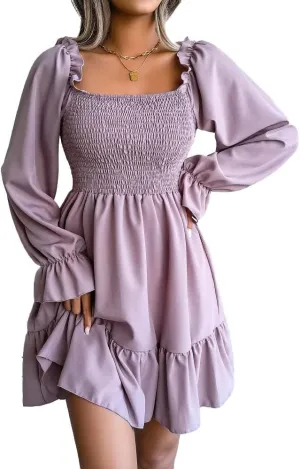 WOWARKI Women's Square Neck Smocked Dress Long Bell Sleeve Shirred Hem Mini Dress Ruffle Tiered Flowy Swing Babydoll Dress