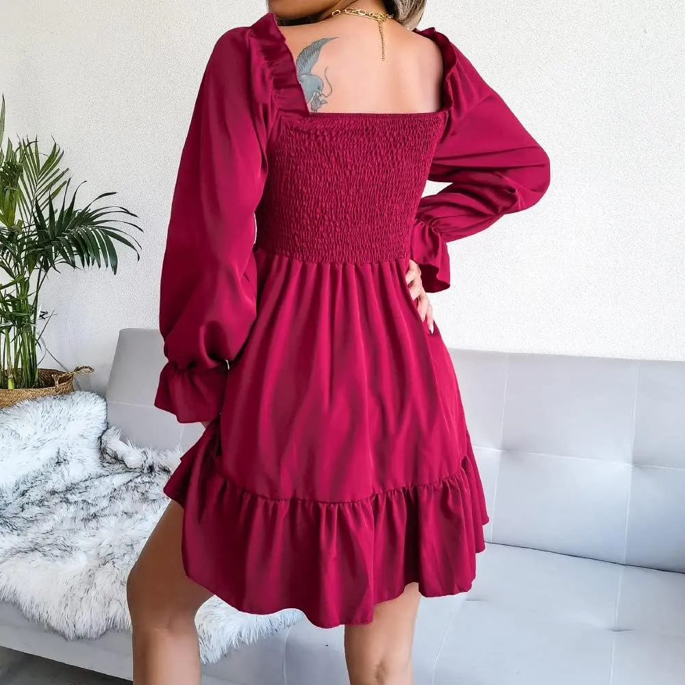 WOWARKI Women's Square Neck Smocked Dress Long Bell Sleeve Shirred Hem Mini Dress Ruffle Tiered Flowy Swing Babydoll Dress