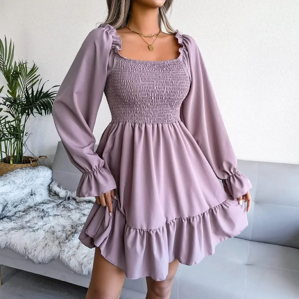 WOWARKI Women's Square Neck Smocked Dress Long Bell Sleeve Shirred Hem Mini Dress Ruffle Tiered Flowy Swing Babydoll Dress