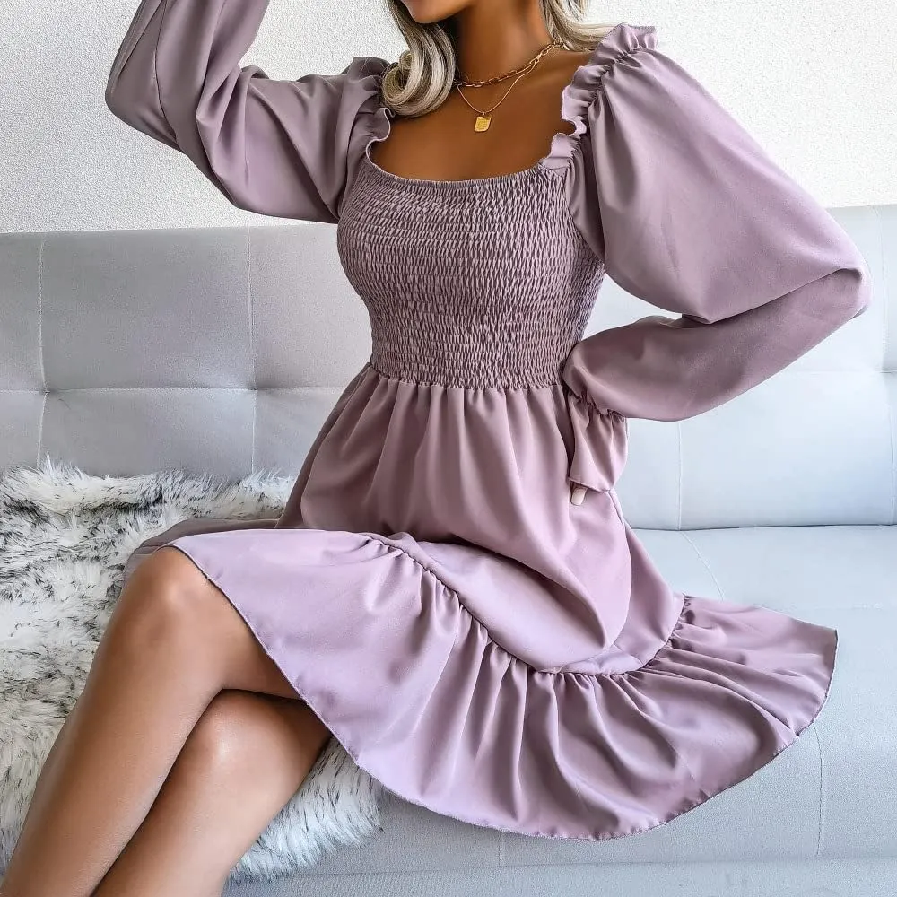 WOWARKI Women's Square Neck Smocked Dress Long Bell Sleeve Shirred Hem Mini Dress Ruffle Tiered Flowy Swing Babydoll Dress