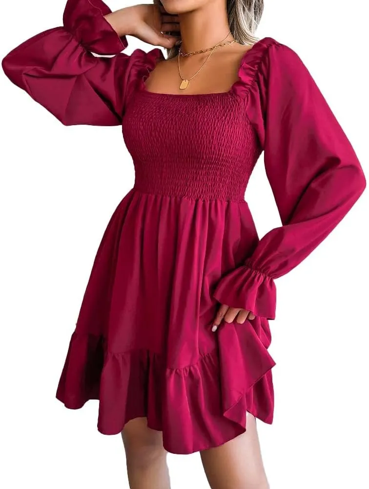 WOWARKI Women's Square Neck Smocked Dress Long Bell Sleeve Shirred Hem Mini Dress Ruffle Tiered Flowy Swing Babydoll Dress