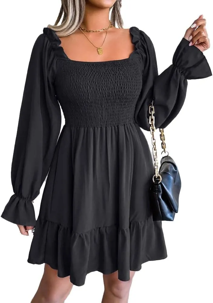 WOWARKI Women's Square Neck Smocked Dress Long Bell Sleeve Shirred Hem Mini Dress Ruffle Tiered Flowy Swing Babydoll Dress