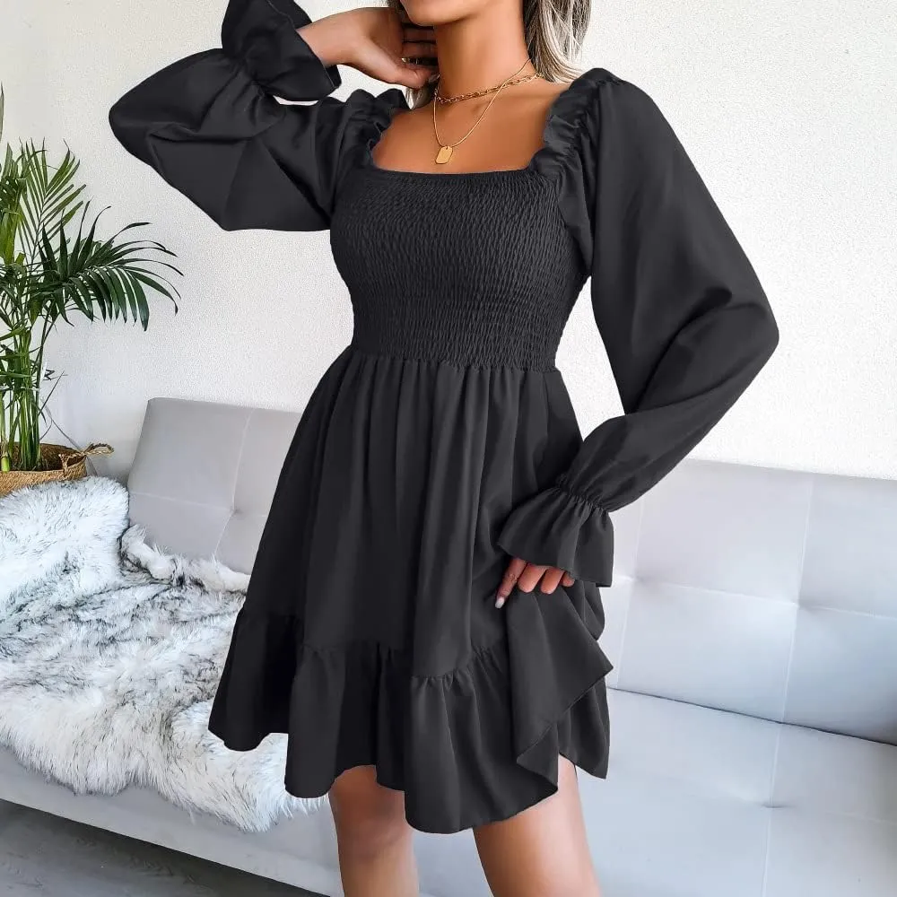 WOWARKI Women's Square Neck Smocked Dress Long Bell Sleeve Shirred Hem Mini Dress Ruffle Tiered Flowy Swing Babydoll Dress