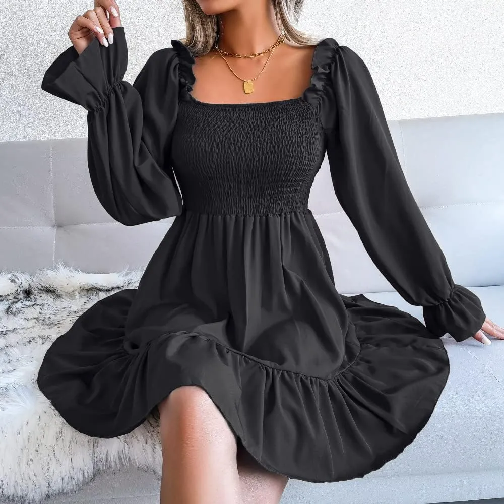 WOWARKI Women's Square Neck Smocked Dress Long Bell Sleeve Shirred Hem Mini Dress Ruffle Tiered Flowy Swing Babydoll Dress