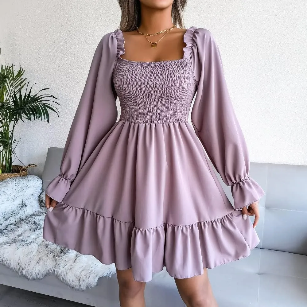 WOWARKI Women's Square Neck Smocked Dress Long Bell Sleeve Shirred Hem Mini Dress Ruffle Tiered Flowy Swing Babydoll Dress