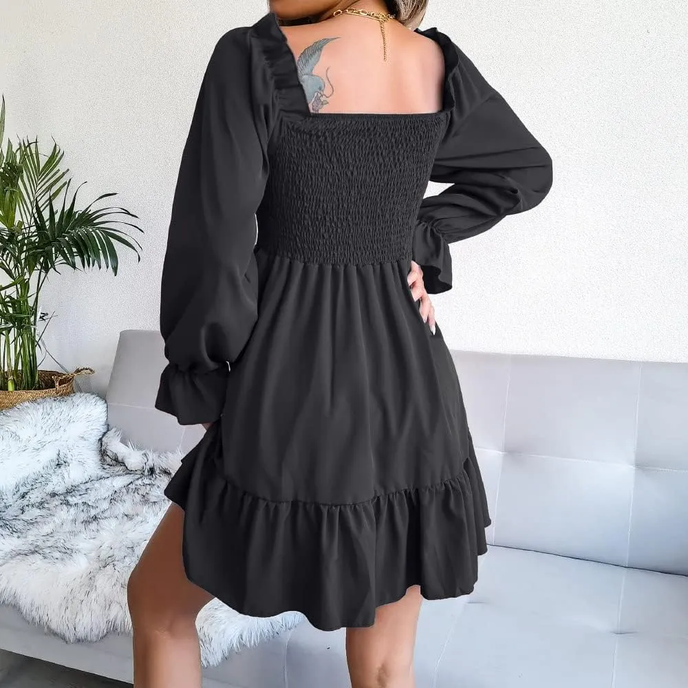 WOWARKI Women's Square Neck Smocked Dress Long Bell Sleeve Shirred Hem Mini Dress Ruffle Tiered Flowy Swing Babydoll Dress