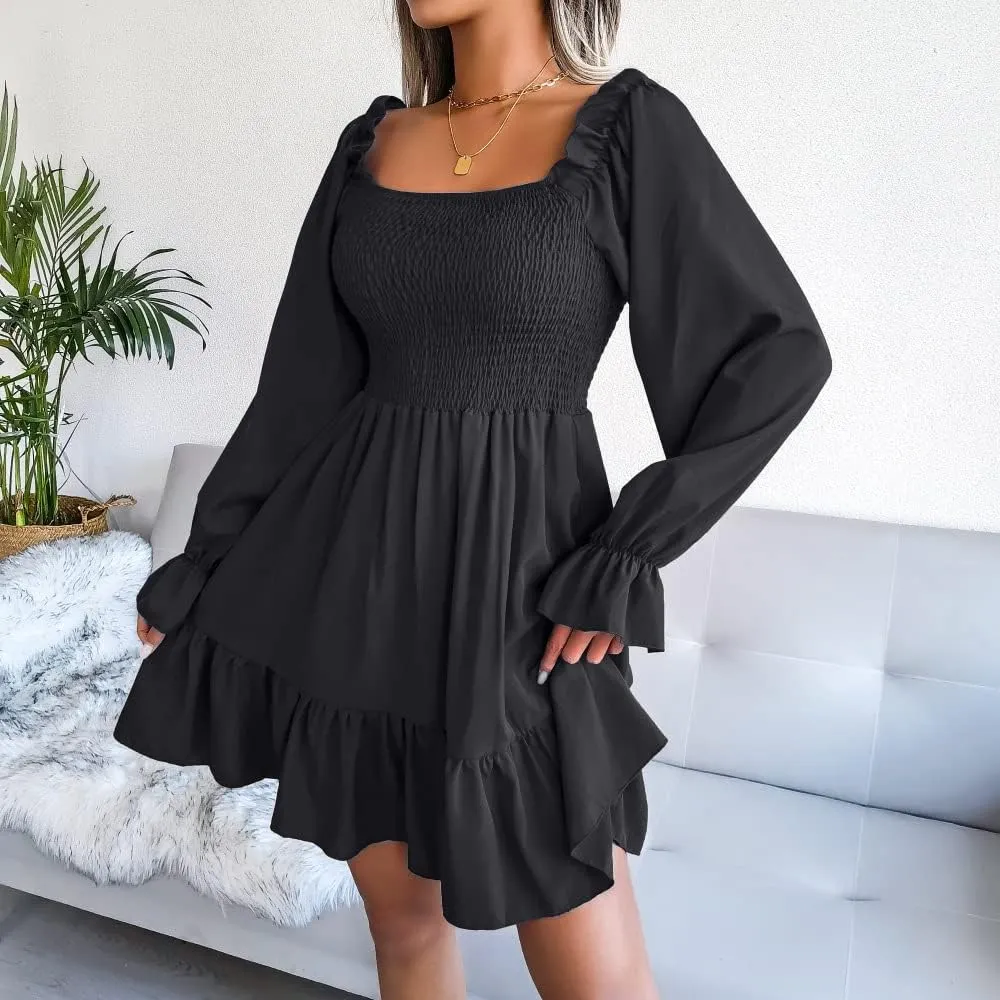 WOWARKI Women's Square Neck Smocked Dress Long Bell Sleeve Shirred Hem Mini Dress Ruffle Tiered Flowy Swing Babydoll Dress