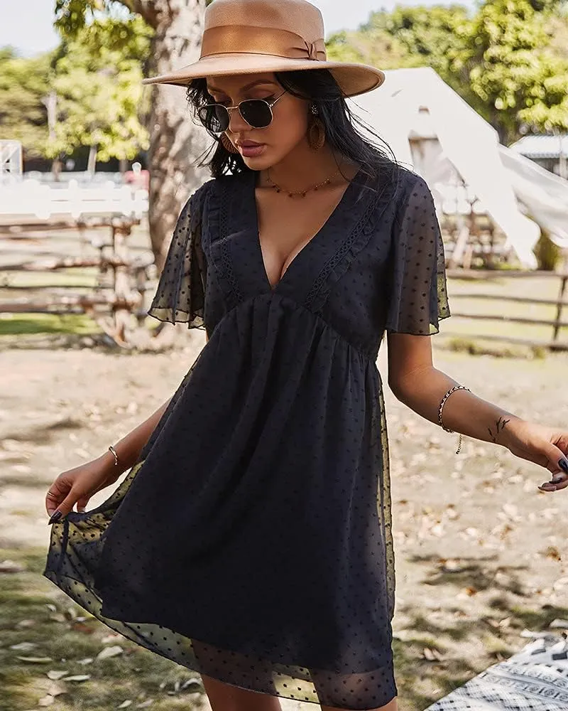 WOWARKI Women's Swiss Dot Dress Deep V Neck Chiffon Mini Dress Ruffle High Waist A Line Short Dress Chiffon Flowy Shift Dress