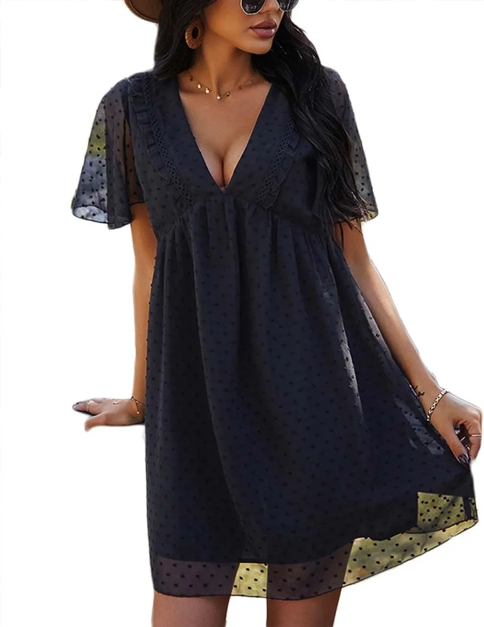 WOWARKI Women's Swiss Dot Dress Deep V Neck Chiffon Mini Dress Ruffle High Waist A Line Short Dress Chiffon Flowy Shift Dress