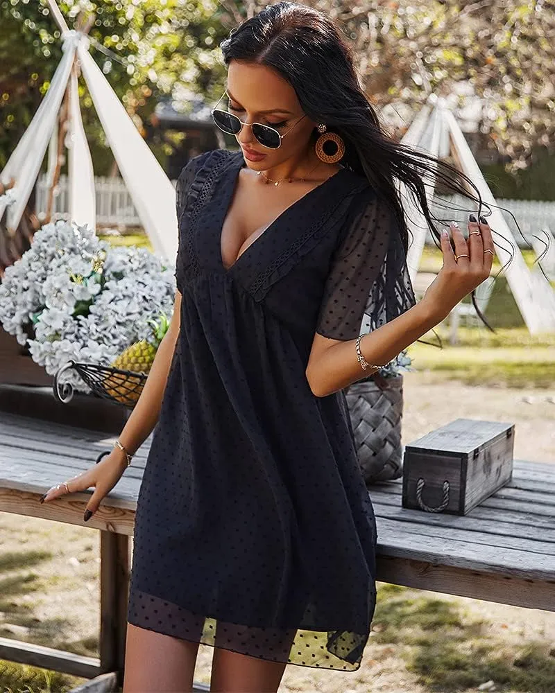 WOWARKI Women's Swiss Dot Dress Deep V Neck Chiffon Mini Dress Ruffle High Waist A Line Short Dress Chiffon Flowy Shift Dress