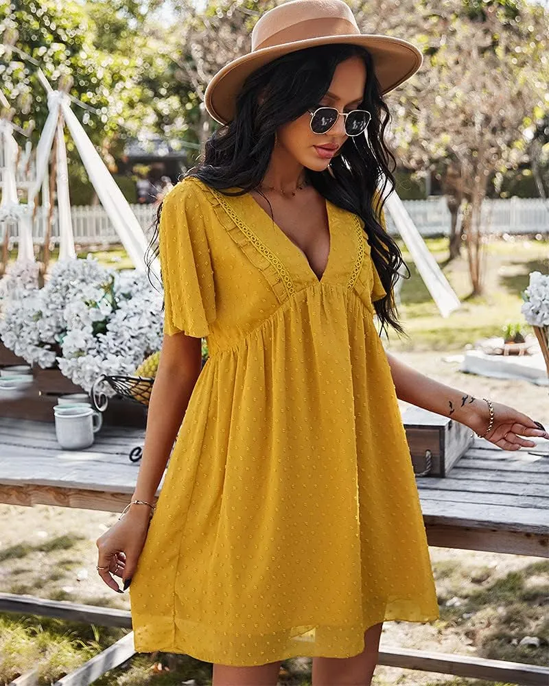 WOWARKI Women's Swiss Dot Dress Deep V Neck Chiffon Mini Dress Ruffle High Waist A Line Short Dress Chiffon Flowy Shift Dress