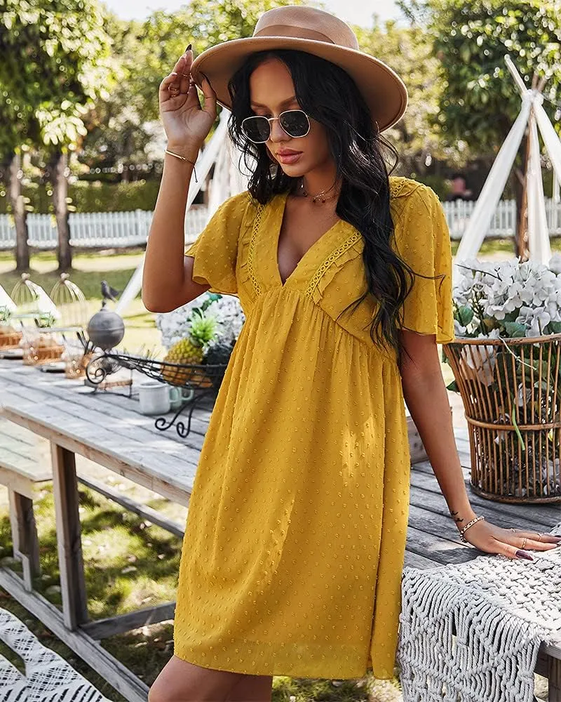 WOWARKI Women's Swiss Dot Dress Deep V Neck Chiffon Mini Dress Ruffle High Waist A Line Short Dress Chiffon Flowy Shift Dress