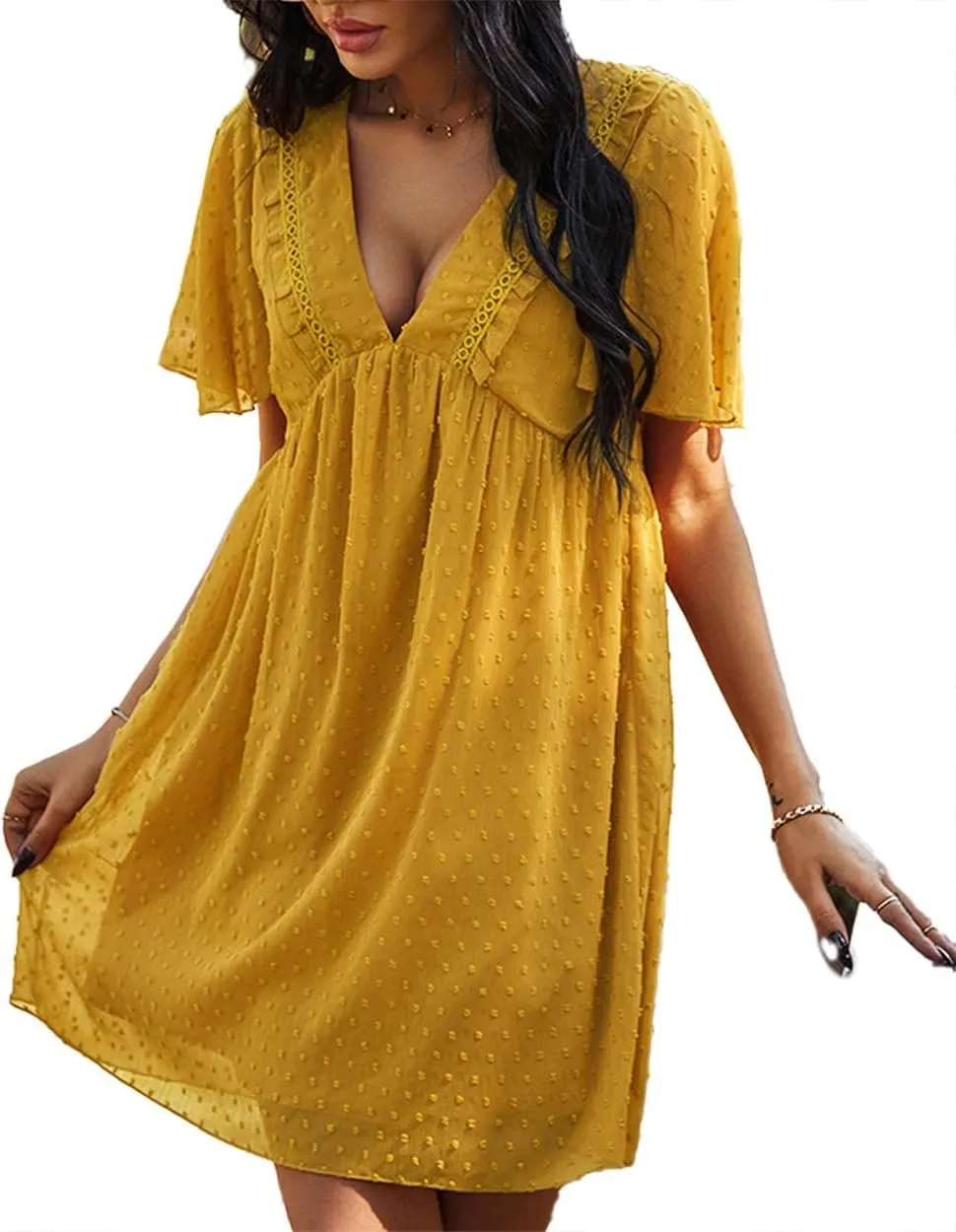 WOWARKI Women's Swiss Dot Dress Deep V Neck Chiffon Mini Dress Ruffle High Waist A Line Short Dress Chiffon Flowy Shift Dress