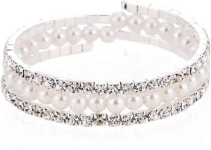 Xerling Dainty Crystal Multi Row Bracelets Faux Pearl Bracelets for Women Rhinestones Hand Chain Jewelry Wrist Bangle Bracelets Elastic Silver Bracelets (Type A)