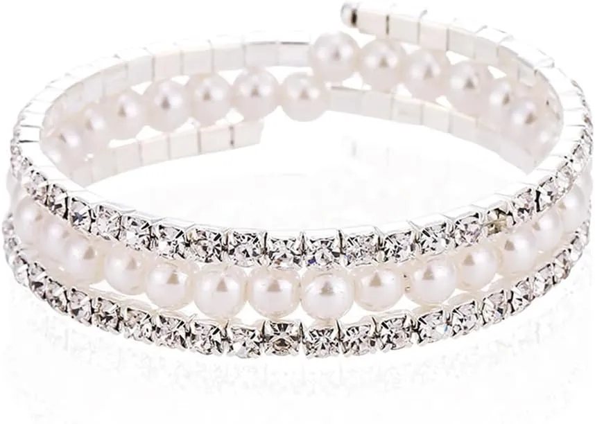 Xerling Dainty Crystal Multi Row Bracelets Faux Pearl Bracelets for Women Rhinestones Hand Chain Jewelry Wrist Bangle Bracelets Elastic Silver Bracelets (Type A)