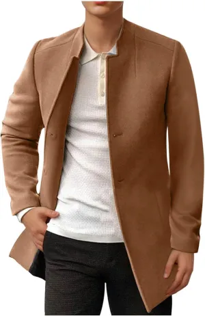 Xiaojmake Men All Weather Top Wool Blend Coat Single Breasted Pea Coat Winter Warm Overcoat Stand Collar Slim Fit Trench Coat