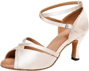 YKXLM Latin Ballroom Dance Shoes for Women Practice Dance Heels Performance Party Dance Shoes Peep-Toe, Beige-8 Heel-8 US