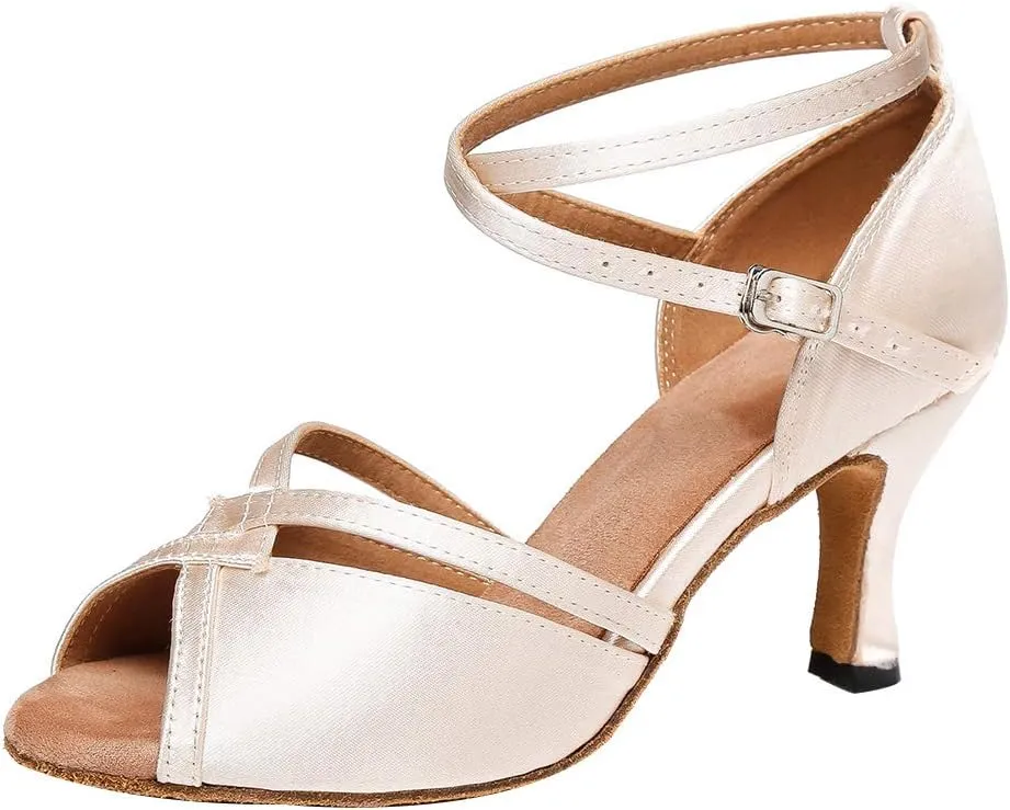 YKXLM Latin Ballroom Dance Shoes for Women Practice Dance Heels Performance Party Dance Shoes Peep-Toe, Beige-8 Heel-8 US