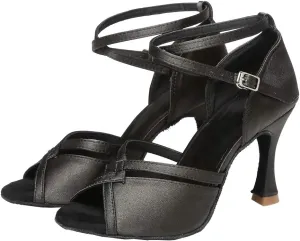 YKXLM Latin Ballroom Dance Shoes for Women Practice Dance Heels Performance Party Dance Shoes Peep-Toe, Black-8.5 Heel-8.5 US