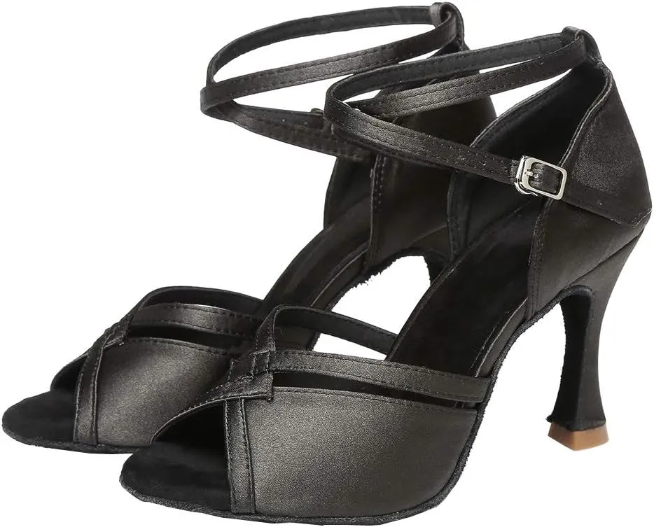 YKXLM Latin Ballroom Dance Shoes for Women Practice Dance Heels Performance Party Dance Shoes Peep-Toe, Black-8.5 Heel-8.5 US