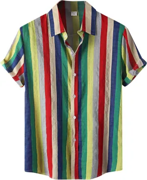 Ymosrh Men's Shirts Short Sleeve Casual Resort Striped Contrast Color Top Lapel Printed Short Shirt Shirts for Men