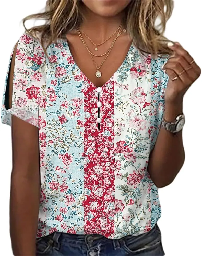 ZOCANIA Boho Tops for Women 2025 Ladies Short Sleeve Tops Summer Blouses Dressy Casual V Neck Cold Shoulder Tunic Shirts